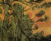 日落的红色天空下的棕榈树 - 文森特·威廉·梵高